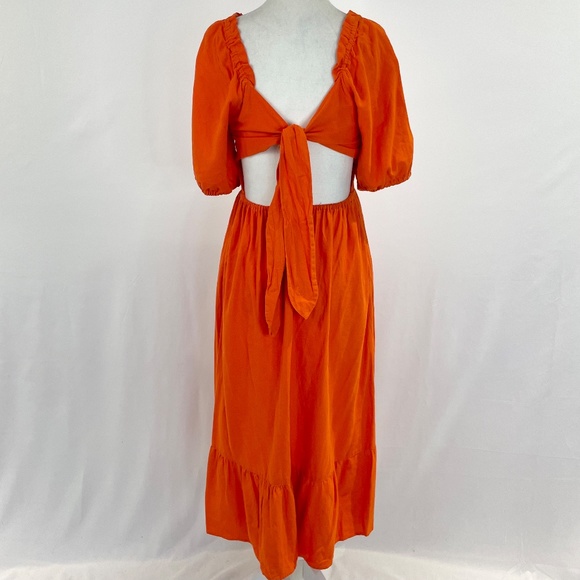 Who What Wear Open Back Tie Puff Sleeve Linen Blend Midi Dress Orange Size XS - Picture 11 of 16